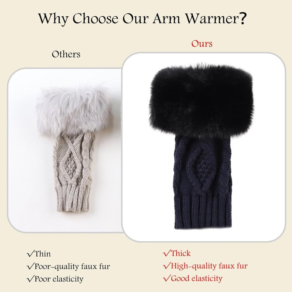 Women's Navy Winter Arm Warmers Wrist Thumb Hole Faux Fur Fingerless Gloves - Picture 4 of 6